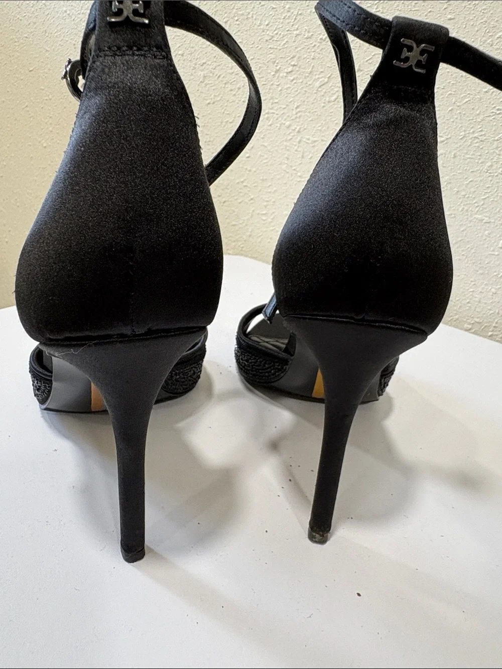 Sam Edelman Keissa Black Crystal-Embellished Ankle-Strap Heels